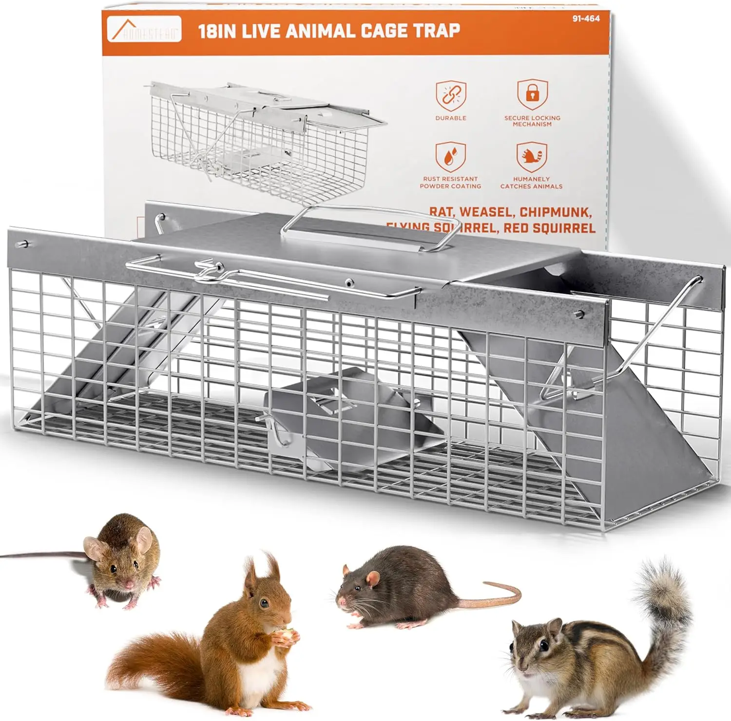 

Live Animal Trap for Squirrels, Chipmunks, Small Rabbits, Weasels - 18"x5"x5", 2 Doors, Fully Assembled