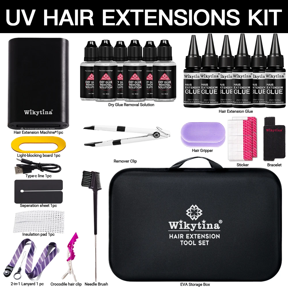 Advanced Hair Extension Kit with V Light Glue - Fast Grafting Tape In Machine, Rechargeable UV LED Lamp, Lightweight Tools for Thin Fine Hair, Waterproof Clear Bonding Glue, Easy Dissolve Removal, DIY Salon, Natural Results for Beginners & Stylists, Gift
