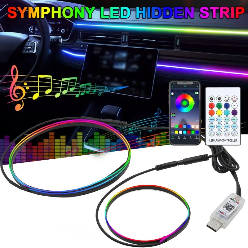 Car Symphny RGB LED Ambient Light Strip Center Console Hidden Atmosphere Light Strip Trim USB Lamp App Remote Control