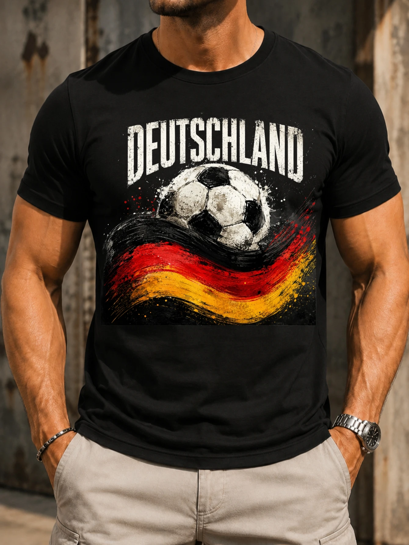 Germany soccer grunge football over  red gold Fl-ag wave distressed Deutschland text and paint  Unisex All T-Shirt