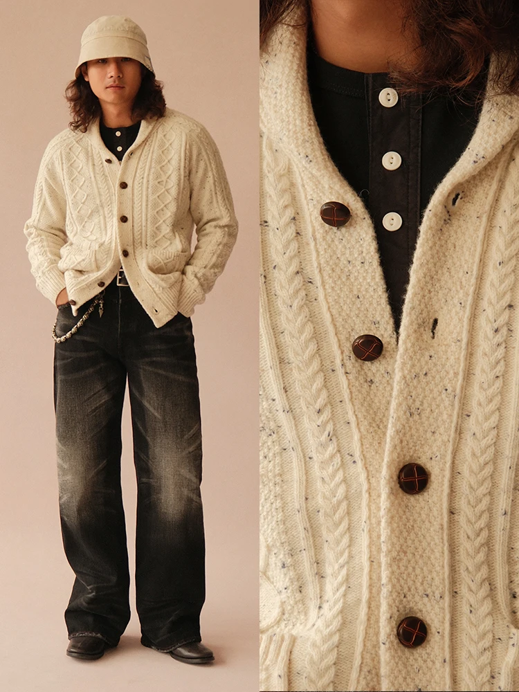 

Vintage Sle 7-Needle Wool Blend Ivy Red Knitted Sweater Narrow Width Casual Long Sve Button-Up Soft Warm Men's Faion