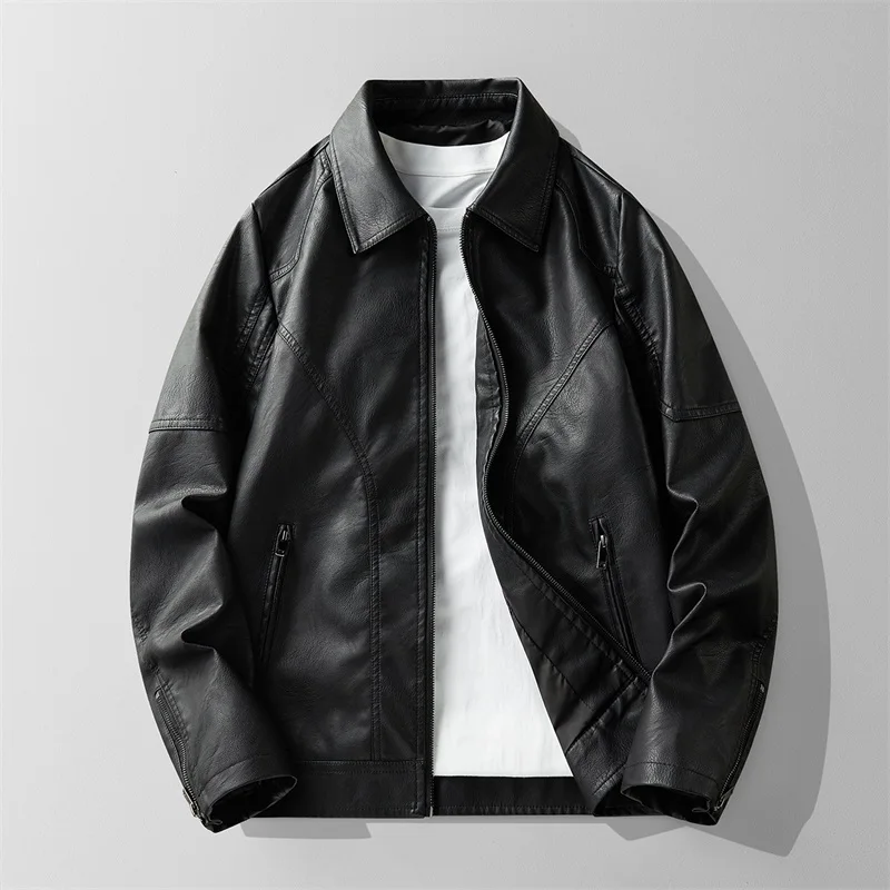 

Men's Leather Jaet Casual American Sle PU Leather Spring Autumn New Busin Leisure Motorcycle Vest Flip Collar Coat