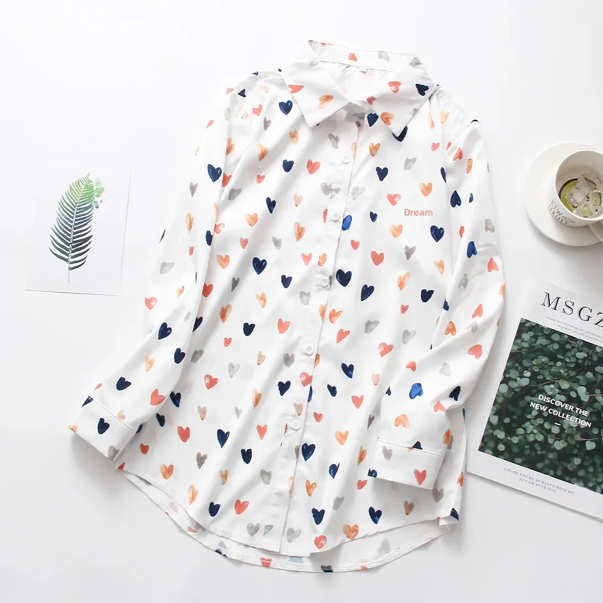 

Pop Loose Long Sleeve Women's Shirt Fashionable Korean Style Heart Print Casual Polo Collar Polyester Cotton Commute Style