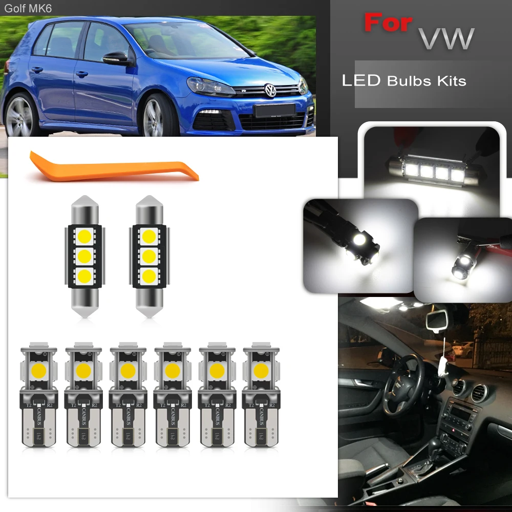 Fits For 2008-2012 VW Golf MK6 2009 Golf R Error Free Full White LED Interior Package Light Bulbs Replacement F&R Dome Footwell