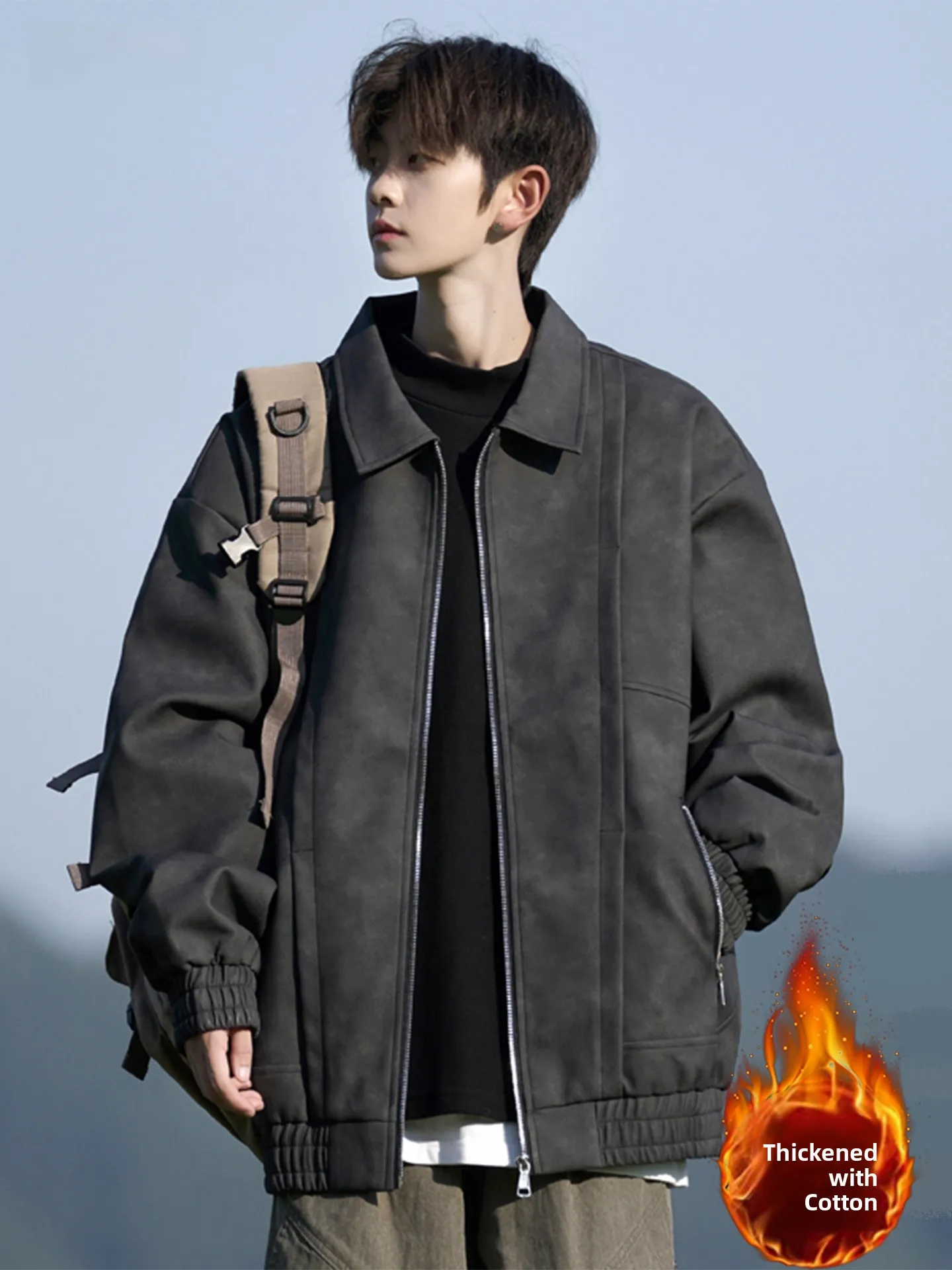 

American Retro PU Leather Cotton Jaet for Men 2025 New Sle Turn-down Collar Flight Jaet Thiened Cotton Youth Outerwear