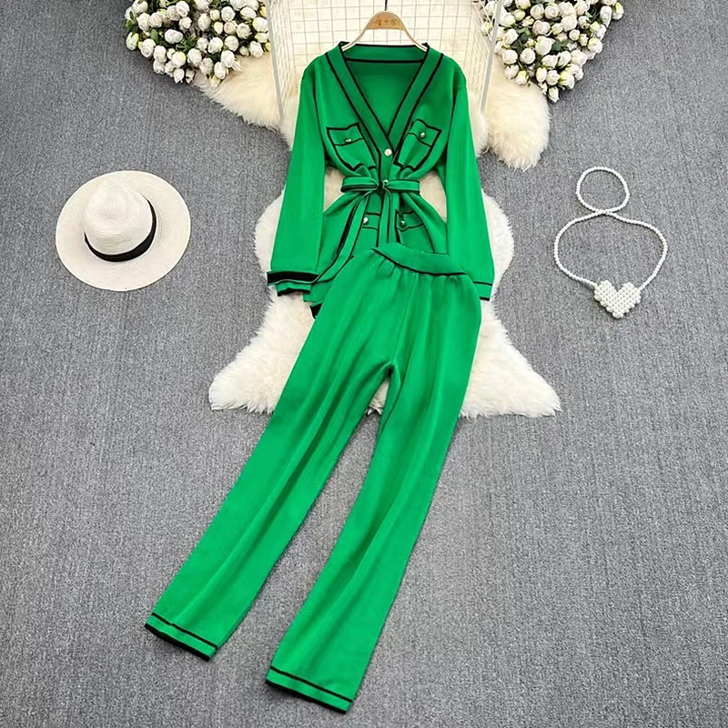 American Retro Knitted Two Piece Set Women Autumn Winter Long Sleeve Cardigan + Elastic Waist Pants Suit Outfits