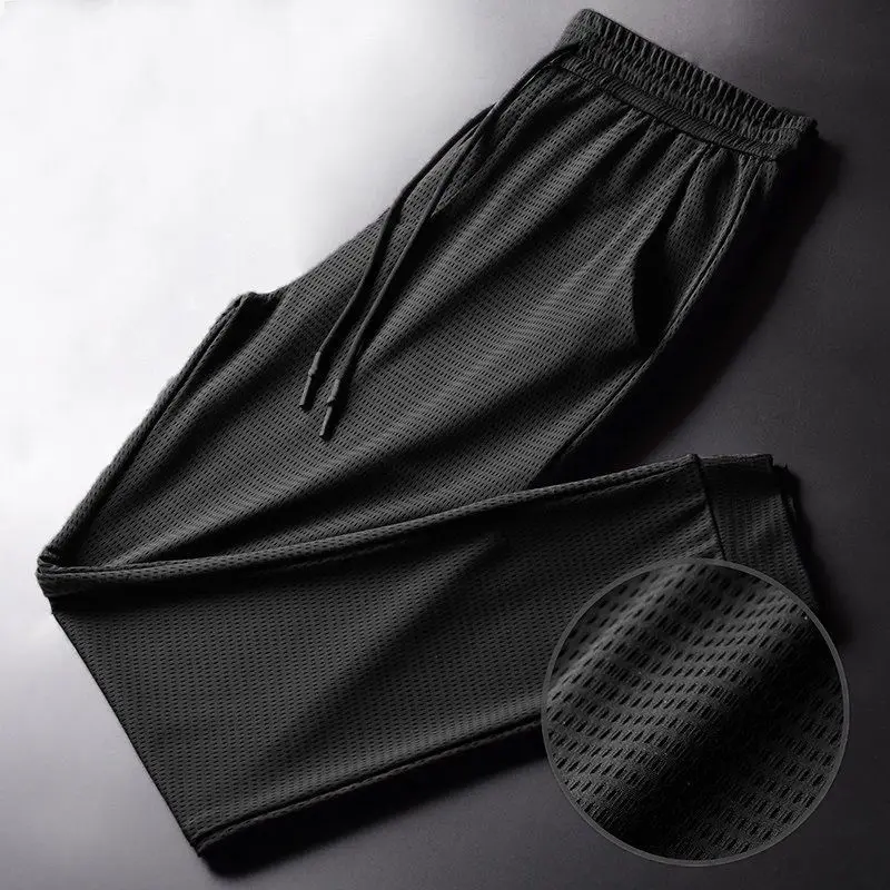 Men\'s Summer Ice Silk Pants Mesh Breathable Casual Thin Quick Dry Pants Loose Elastic Beam Feet Pants Sports Fitness Pants