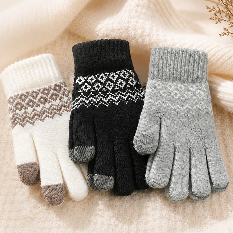 Women's Winter Gloves with Fleece Lining, Thickened, Wavy Stripes, Cold-Proof, Cute, Men's Touchscreen-Compatible, Warm, Knitted, Adult Cycling Gloves