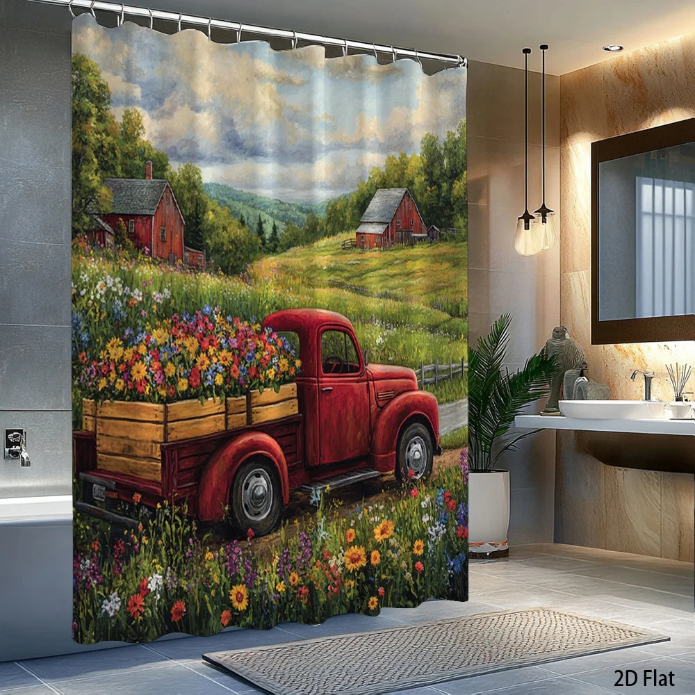 Rustic Country Farm Vintage Floral Truck Shower Curtain Waterproof Bathroom Decor Cottage Style Curtain 180x180cm Window Panel