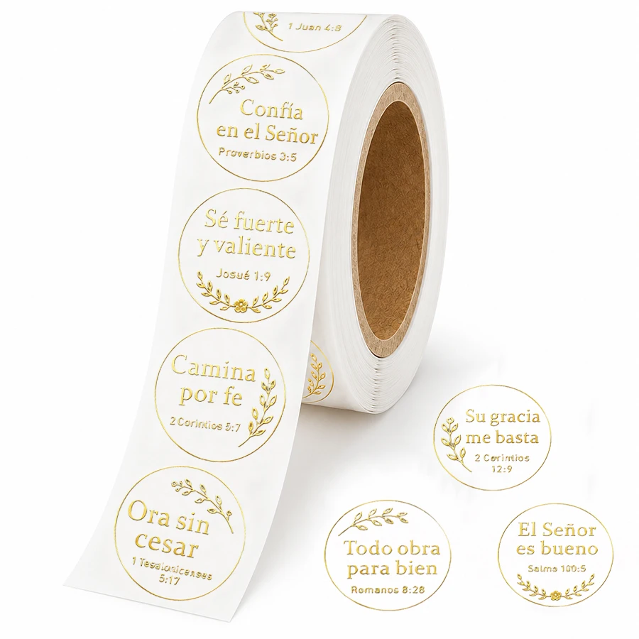 500 Pcs Spanish Bible Verse Stickers Roll, Foil Golden Christian Faith Round Labels, Self Adhesive Scripture Stickers