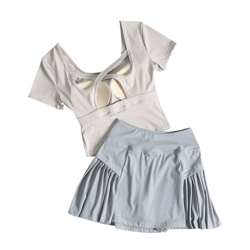 بدلة كرة الريشة تنورة التنس بدلة رياضية نسائية صيف 2025 جديد تشغيل المشي سرعة الجافة اللياقة البدنية دعوى اليوغا قميص بأكمام قصيرة #4
