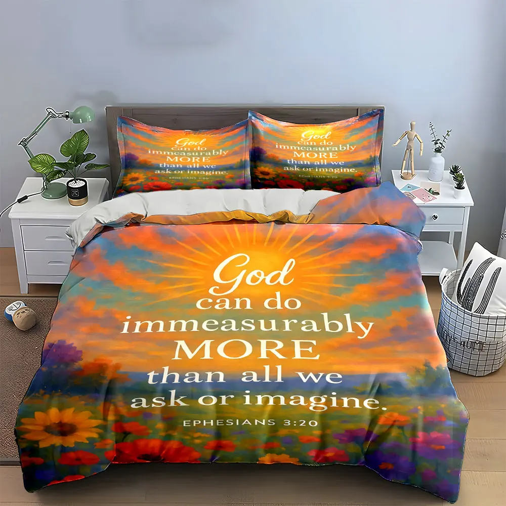 Ephesians 3:20 Sunset Wildflower Duvet Cover Set, Warm Faith Landscape Bedding Includes 1 Duvet Cover And 2 Pillowcase, Gift
