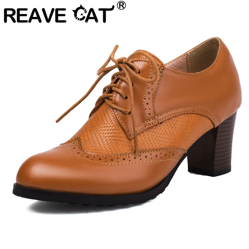 

REAVE CAT Винтажные женские туфли-лодочки с круглым носком на массивном каблуке 7,5 см, на шнуровке, большой размер 42, 43, 44, 45, офисная женская обувь для отдыха, весна