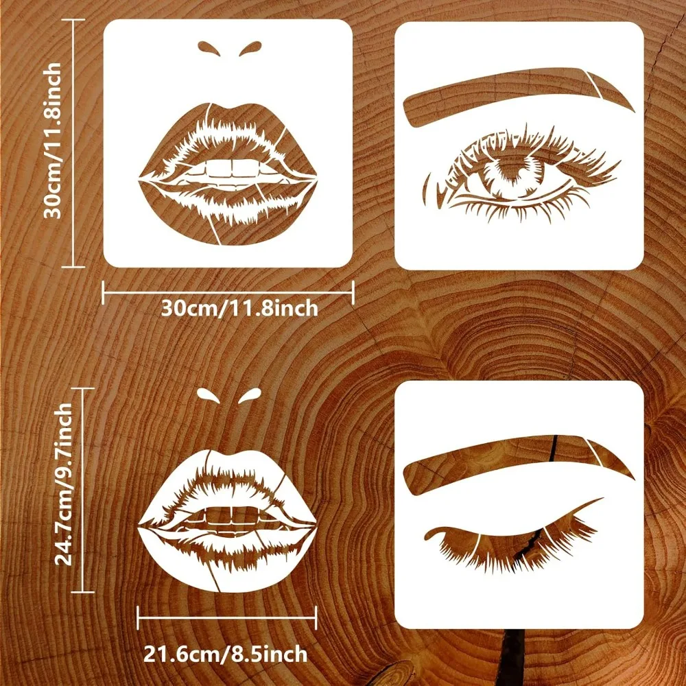 3Pcs Lip Eyes Painting Stencils 11.8x11.8inch Facial Features Stencils Reusable Closed Eye Stencil Mouth Lips Pattern