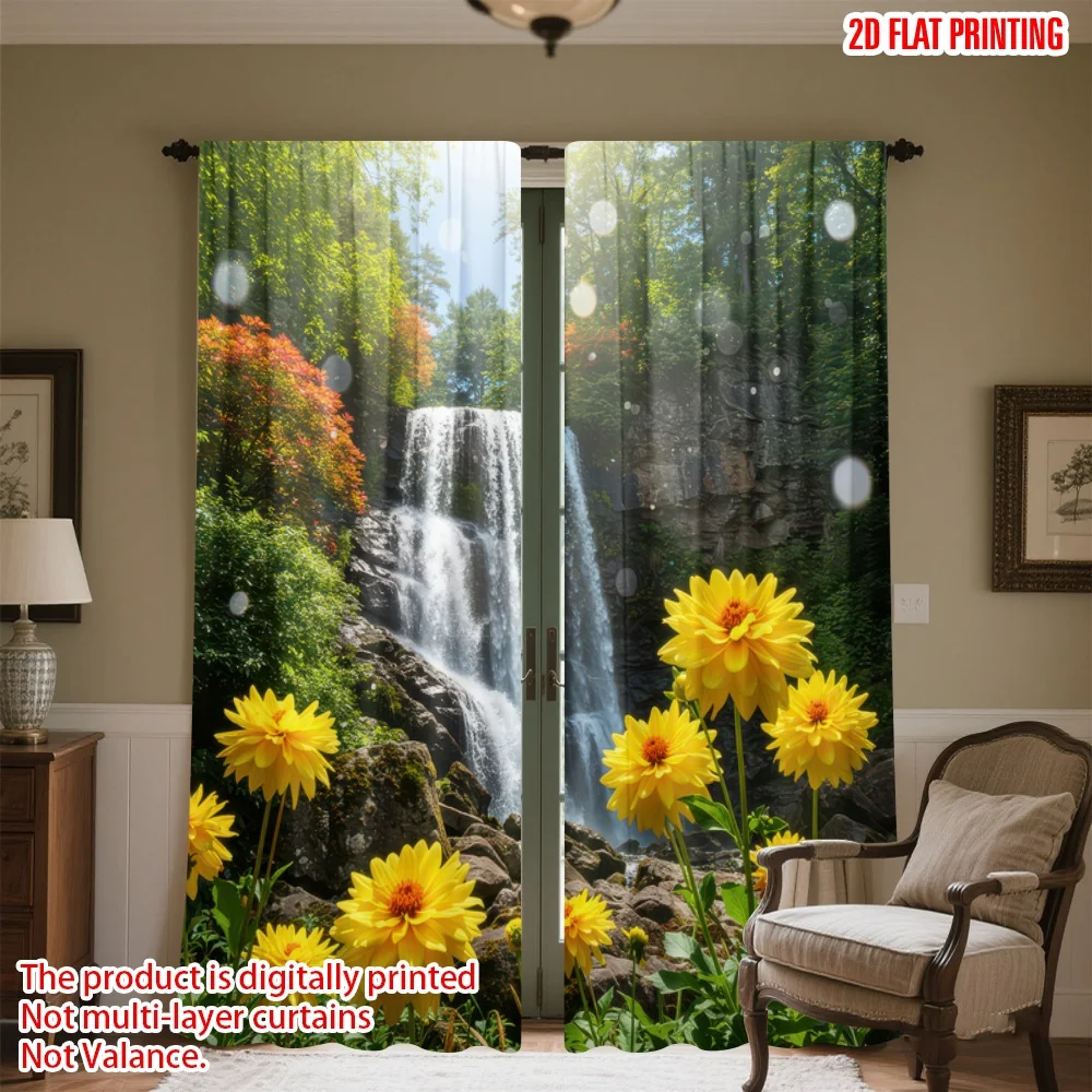 

2D flat printing 2pcs Window Curtains Sunlit Waterfall and Flowers Digital Printed Polyester Drapes Birthday Party Use for