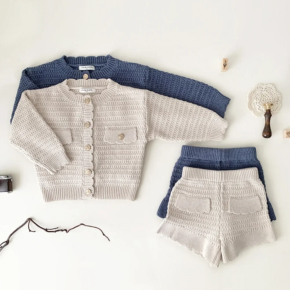 New Autumn Winter Toddlers Girls Knitted Sets Cardigan Sweater Shorts 2pcs Korean Style Baby Kids Princess Outfits