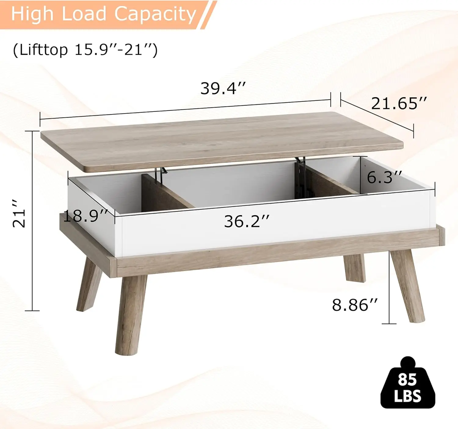 Couchtisch Schwarz, Couchtische mit Hubplatte für das Wohnzimmer, kleine steigende Esstische aus Holz mit Ablagefach