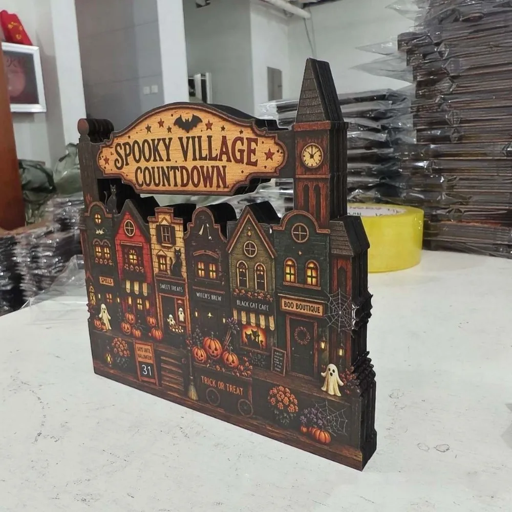 Wooden Wooden Haunted House Multi-layer Vintage Finish Halloween Village Decor Durable Craft Flat Base Rustic Autumn Ornament