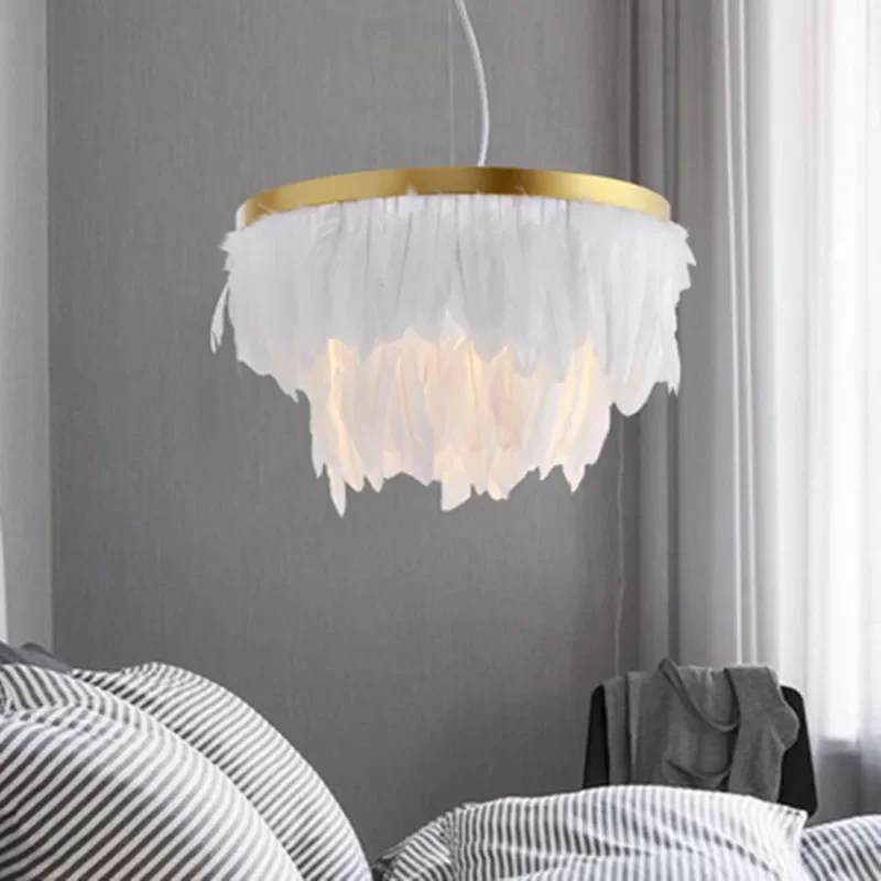 Modern Creative Minimalist Feather Pendant Lights Round Hang Lamp for Bedroom Restaurant Children's Room Red Wedding Decoration