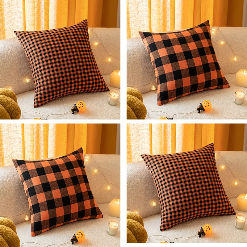 18x18inch Best-selling 100% polyester orange and black Halloween plaid pillow covers are suitable for indoor holiday atmosphere