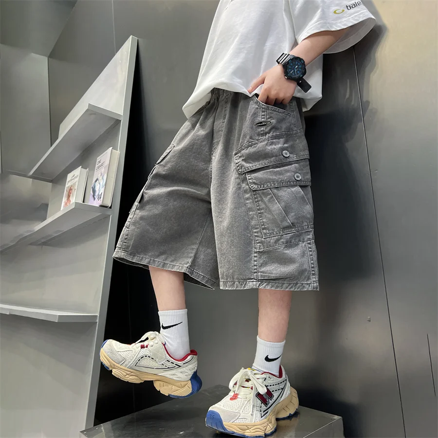 Korean Boys y2k Baggy Denim-Like Shorts With Pocket Grey Capri Jeans Kids Child Hip Hop Harajuku Casual Denim Cargo Shorts 5-14Y