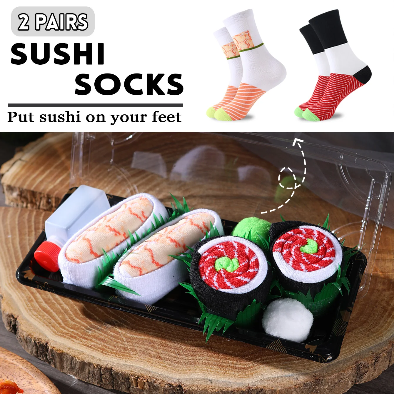 2 pares de calcetines unisex hasta la pantorrilla, calcetines novedosos y divertidos con diseño de salmón y sushi, calcetines creativos, estilo moderno y a la moda, cómodos y transpirables, adecuados para fiestas, uso informal, día de San Valentín, Halloween, cumpleaños, Navidad, Año Nuevo, Acción de Gracias, otoño e invierno, estilos para todas las estaciones, caja de regalo creativa