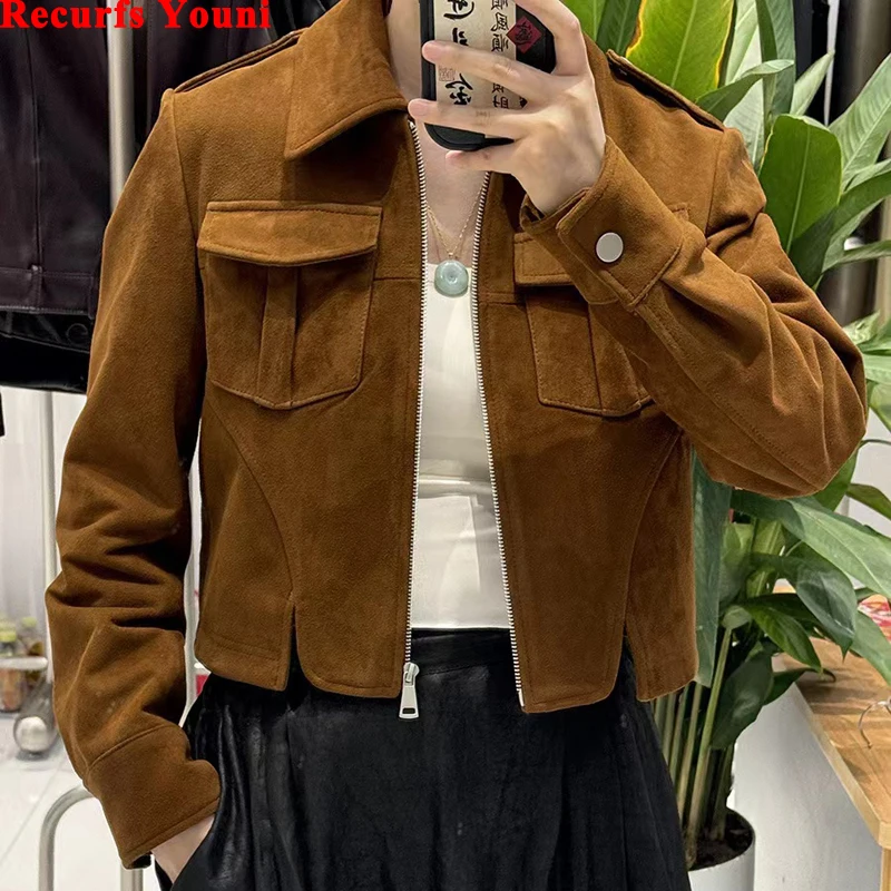 

2024 Autumn Winter Women Clothing Retro Suede Leather Crop Jacket Flip Collar Pocket Epaulet Slim Fit Short Coat Chaqueta Mujer