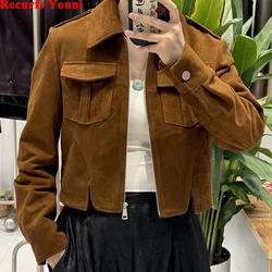 2024 Autumn Winter Women Clothing Retro Suede Leather Crop Jacket  Flip Collar Pocket Epaulet Slim Fit Short Coat Chaqueta Mujer