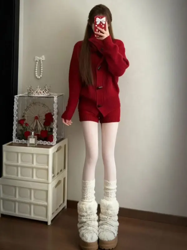 

Red Knitted Sweater And orts Set Unique Vintage Sle Clete Outfit Ele Spring Faion for Women Comfortable Mid-Spri...