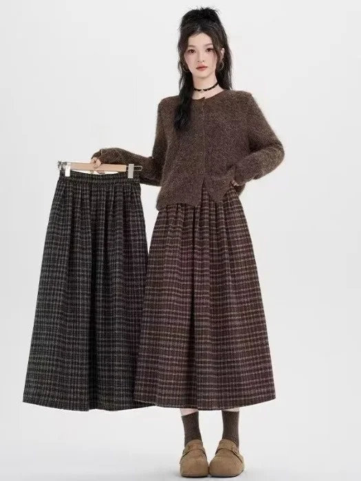 Jupe en laine à carreaux taille haute pour femme, mi-longue, ligne a, Vintage, décontractée, féerique, nouvelle collection automne hiver
