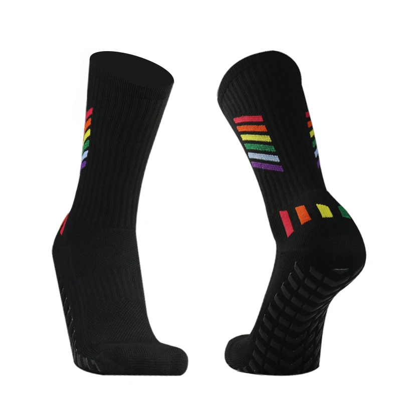 New Men Women Rainbow Line Pattern Football Socks Sports Square Silicone Non slip soccer Socks Calcetines Antiglide futbol