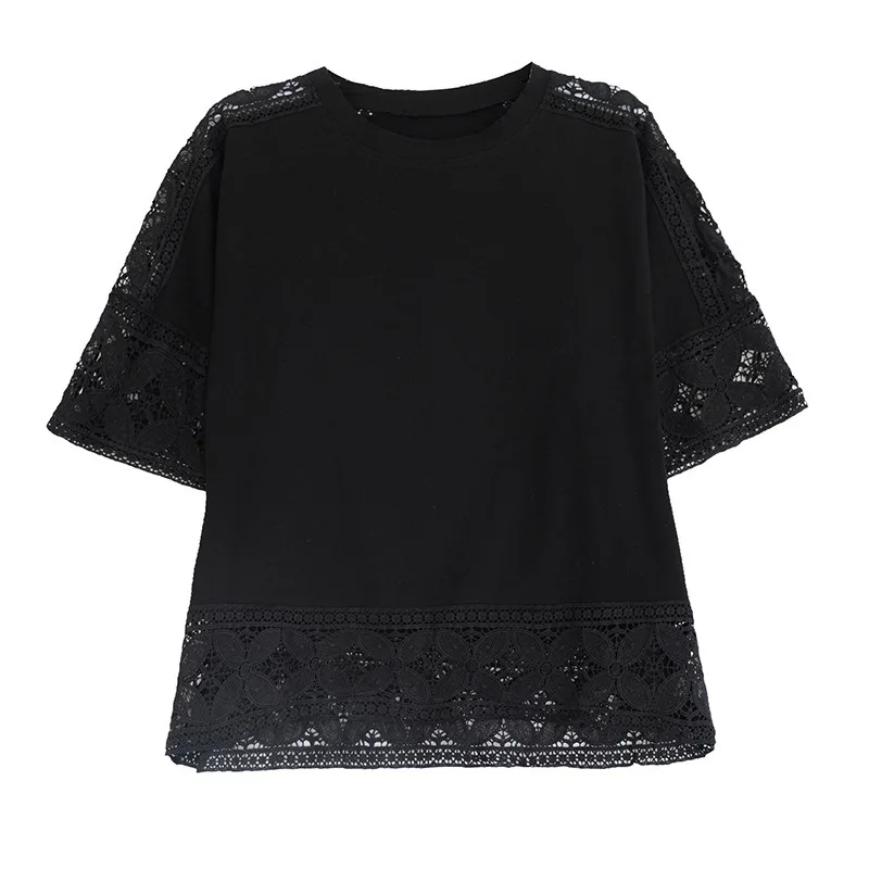 Summer Lace Splice Hollow out round Ne ort Sve T-irt Women's Versatile irt Commute Sle Loose Fit Artistic Pattern