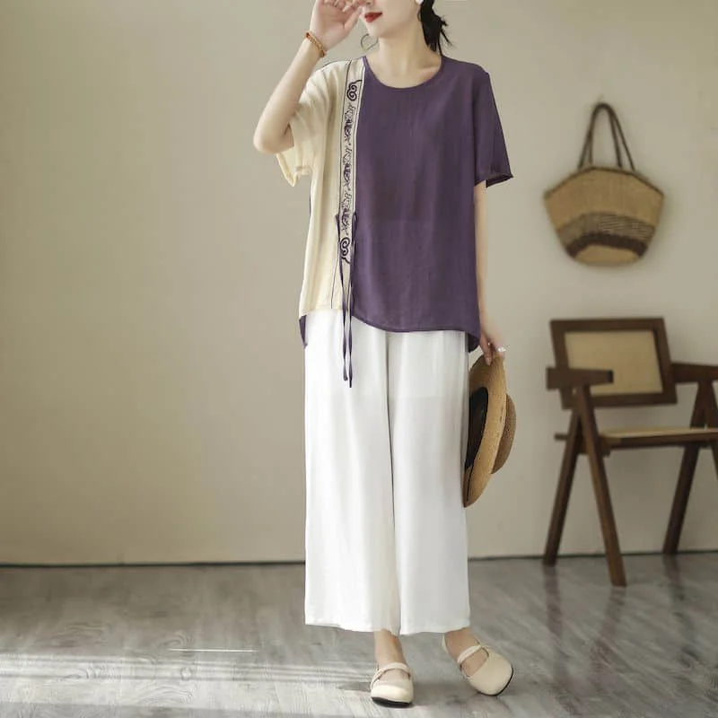 Casual Pants Sets Vintage O-neck Short Sleeve Shirts and Straight Pants Loose Summer Korean Style Two Piece Sets Women Outfits