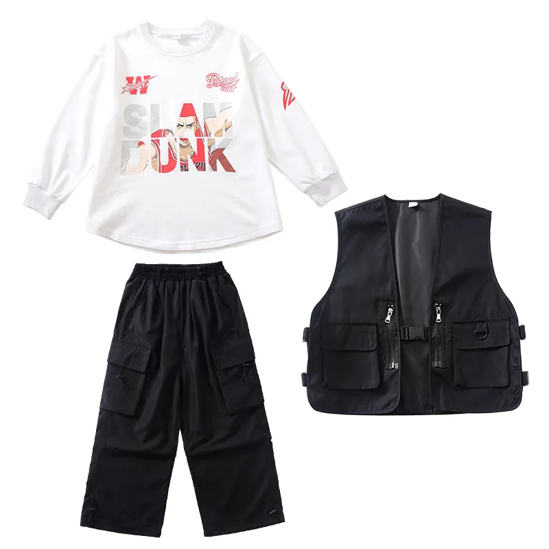 Kid Kpop Hip Hop Clothing Black Vest Sweatshirt Top Casual Wide Pocket Baggy Cargo Pants for Girl Boy Jazz Dance Costume Clothes