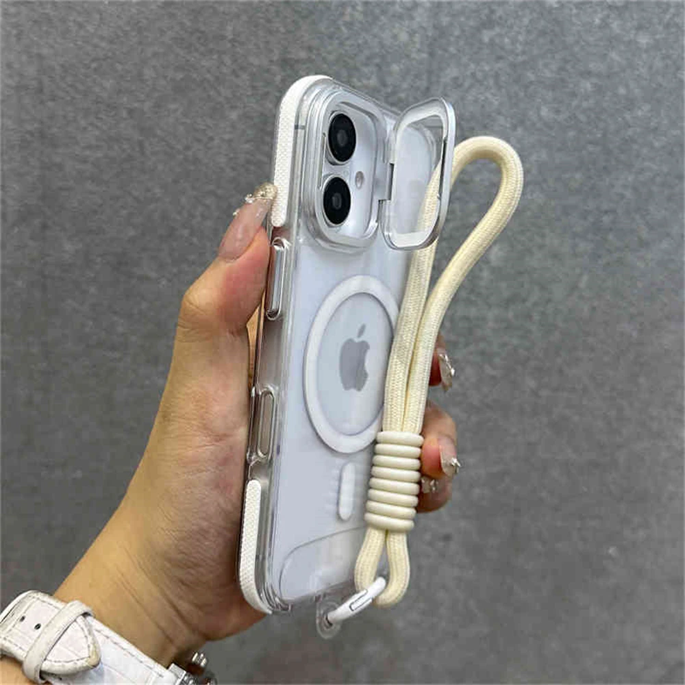 Magnetyczne etui z funkcją ładowania bezprzewodowego MagSafe, z klapką na aparat, uchwytem na nadgarstek, przezroczyste, do iPhone'a 17 16 11 12 13 14 15 Pro Max Plus — zdjęcie produktu 6