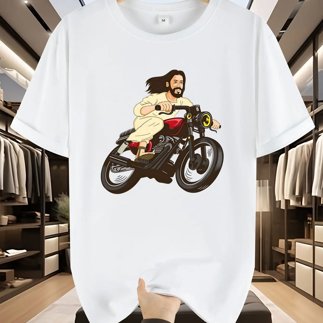 Men's Cotton Simple Retro Jesus Riding Motorcycle Creative Style Print Soft Comfortable Breathable Street Hip Hop Daily Short