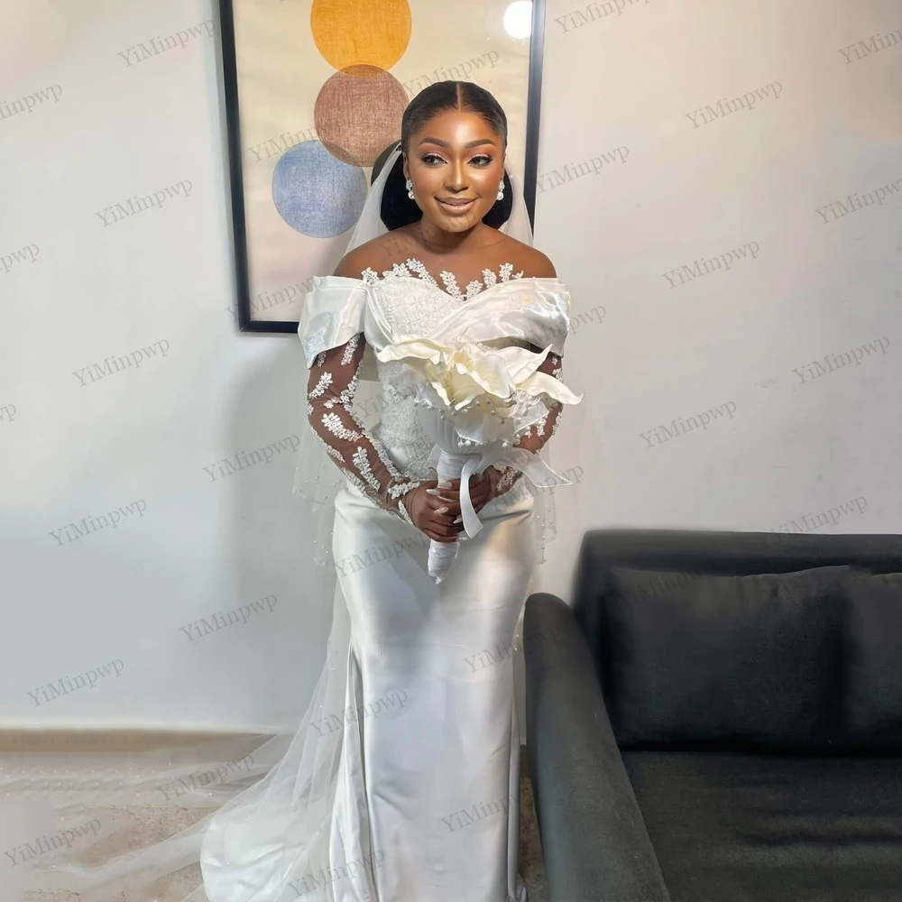 

African Mermaid Wedding Dresses Luxury 2025 O-Neck Long Illusion Sleeve Applique Vestidos De Novia Sweep Train Customized