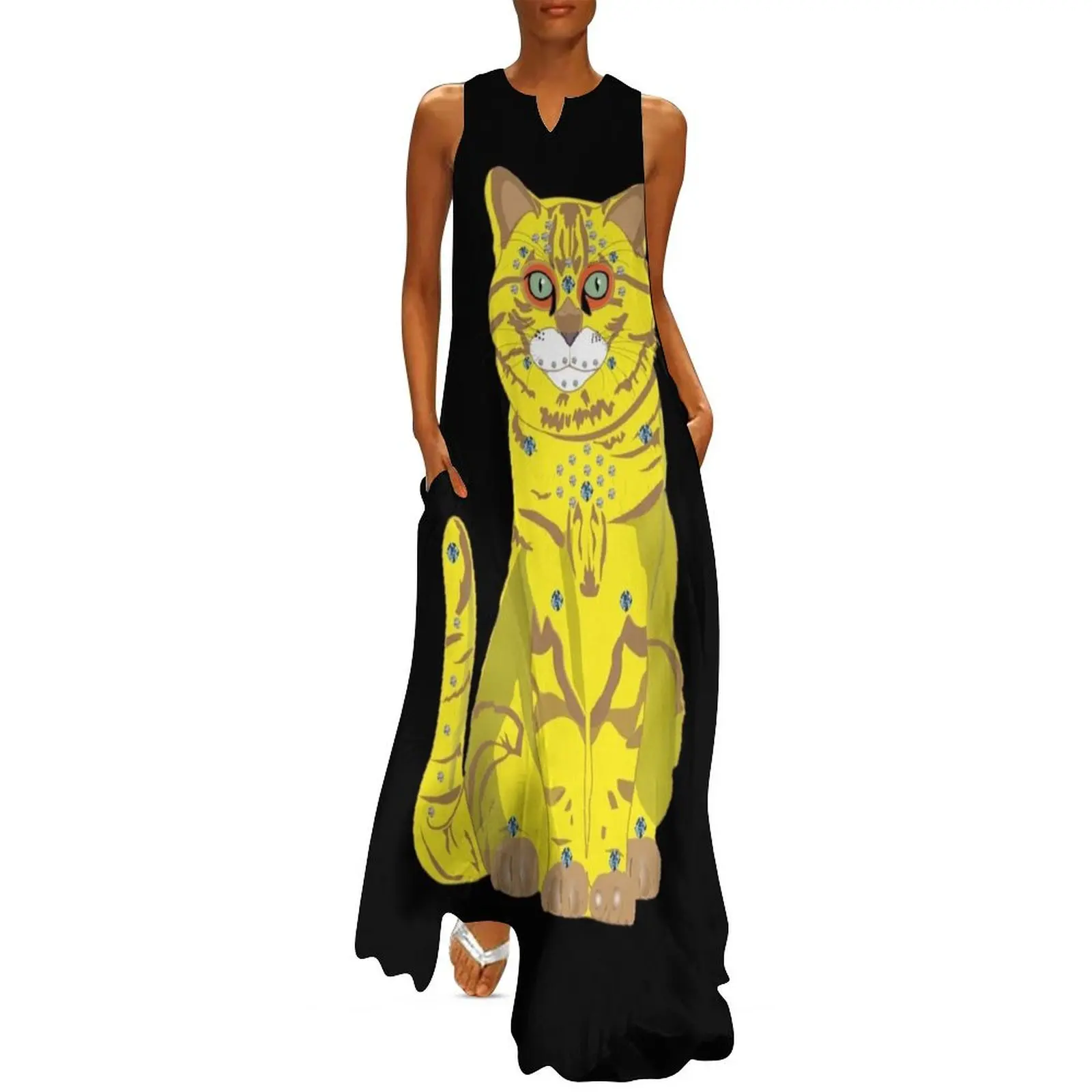 65 MCMLXV Bejeweled Yellow Disco Cat Print Long Dress women's summer dresses 2025 Long dress Dress