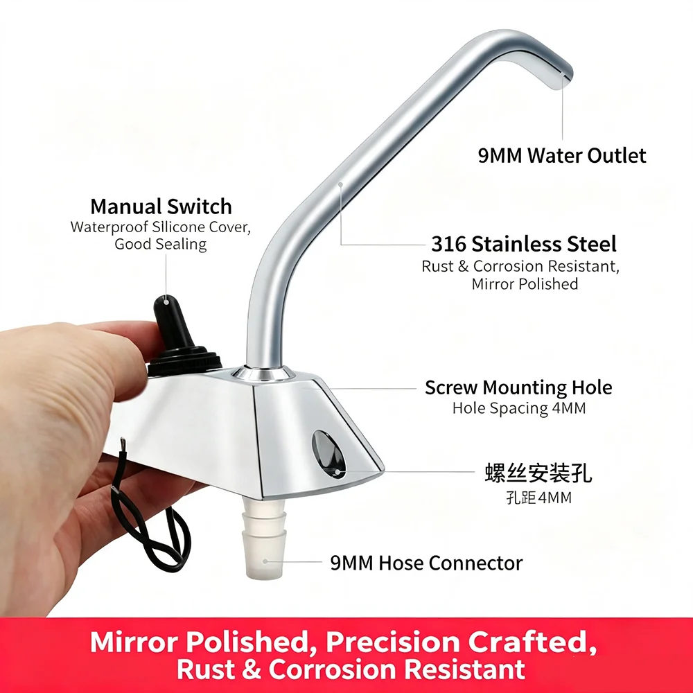 316 Stainless Steel Electric RV Faucet 9mm Outlet 360° Rotatable Spout for Caravan Camper Marine Boat Sink Tap