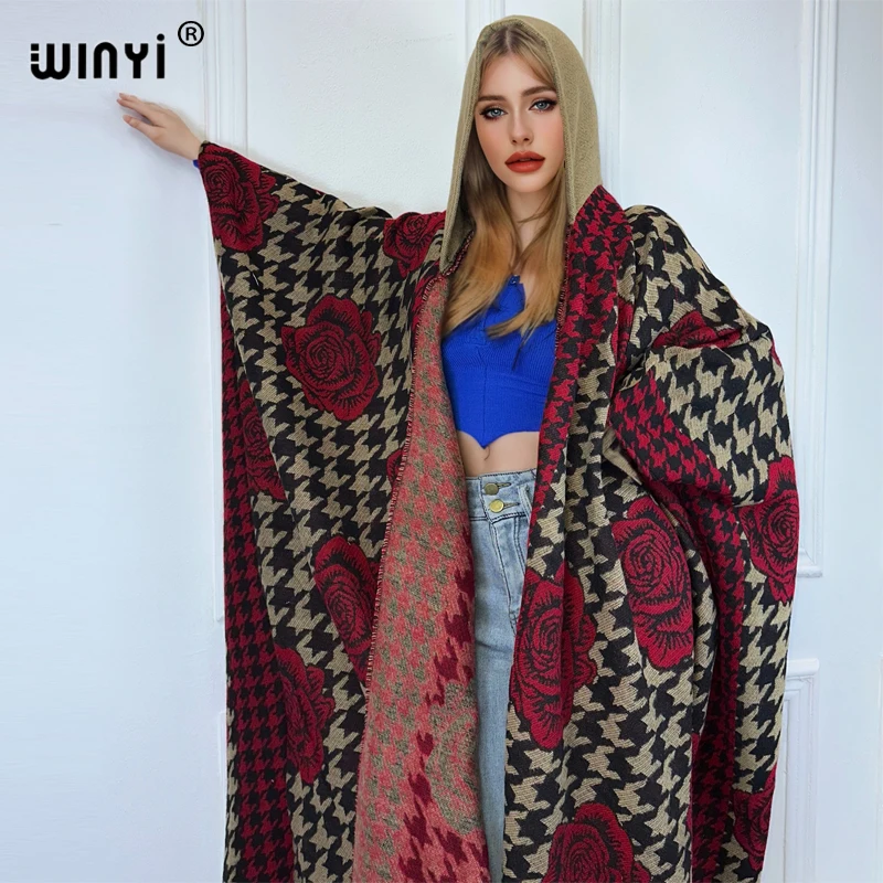 WINYI Winter African Hooded loose cardigan Female abaya outfits for women coat Open Front Kimonos long down poncho maxi dress