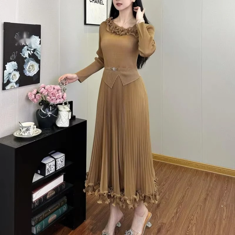 فستان نسائي من ANLAN ذو ياقة قطرية وخصر عالي وأكمام طويلة فساتين على شكل حرف A لخريف 2025 وصل حديثًا 3AN8271 #1