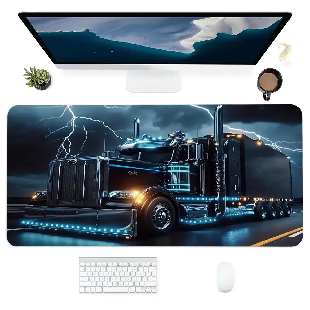 Large Gaming Mouse Pad Desk Mat Keyboard Pad Black Heavy Semi Truck Lightning Night Highway pc NonSlip Rubber Base Stitched Edge