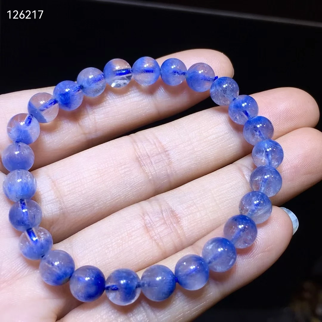 Natural Blue Rutilated Dumortierite Quartz Bracelet 7.2mm Women Men Fashion Bead Clear Round Beads Rare Stone AAAAA