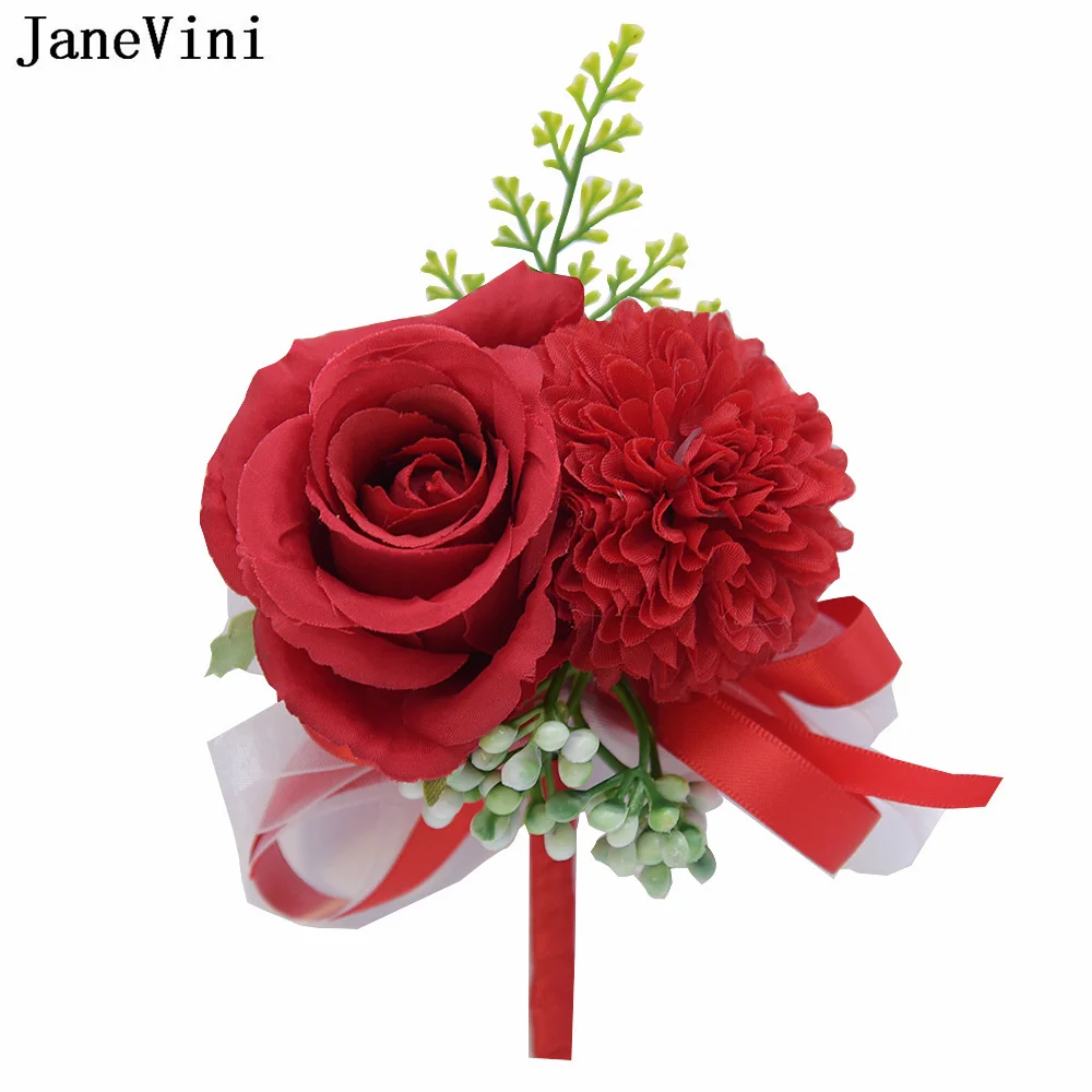 JaneVini 인공 로즈 신랑 코사지 꽃 레드 신부 손목 팔찌 웨딩 브로치 신랑 Boutonniere Femme Mariage