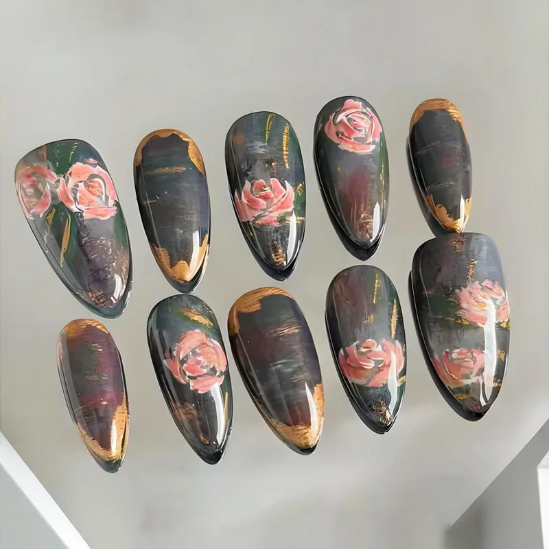 

24Pcs Pink Smudge Flower Design Nails Set Press on Mid-length Almond Full Cover False Nails Tips Detachable Finished Fake Nails