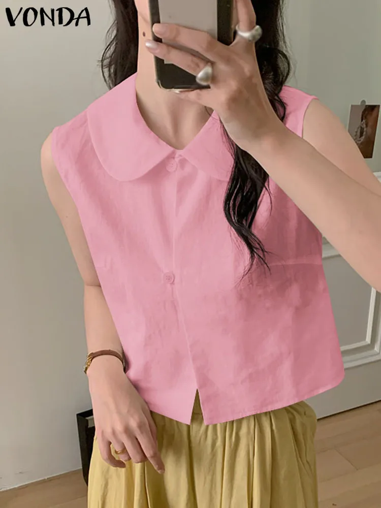 

VONDA Summer Tops Women Shirts 2024 Fashion Sleeveless Lapel Casual Solid Color Blouses Buttons Loose Elegant Blusas Femininas