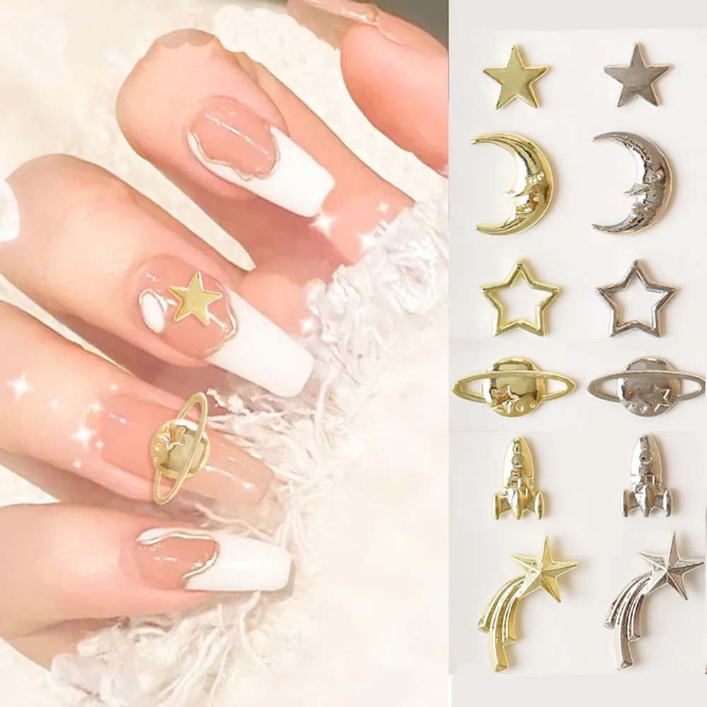 50pcs Alloy Planet Nail Art Charm 3D Pentagram Rocket Moon Star Cosmos Series Nail Decoration DIY Luxury Metal Nail Accessories