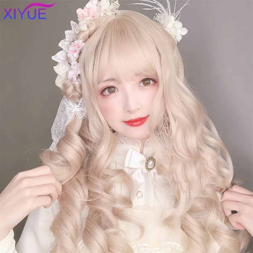 Cosplay Wig Long Natural Wavy Platinum Blonde Wigs with Bangs Cosplay Party Lolita Synthetic Wigs for Women Heat Resistant Fiber