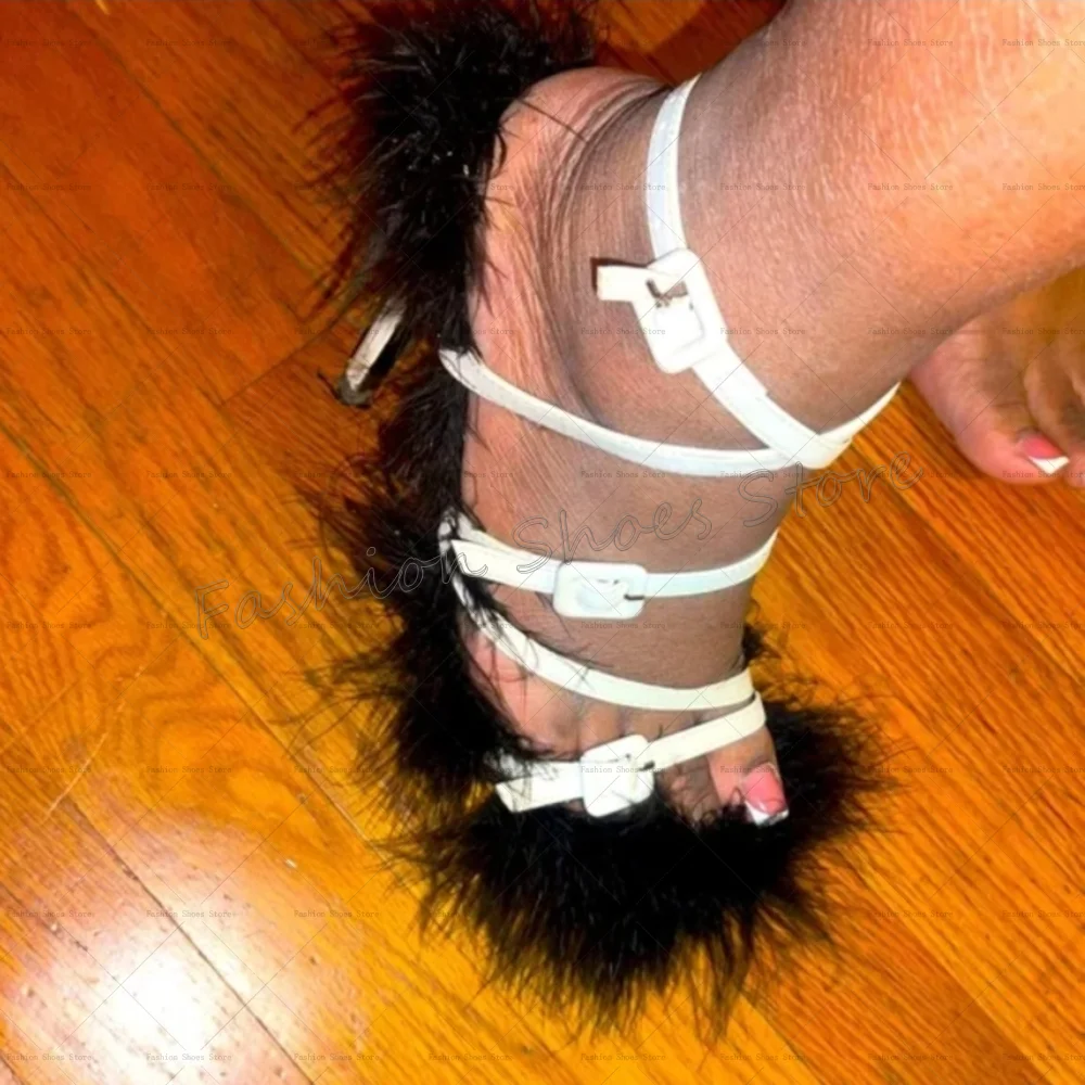 

Black Fur Decor Ankle Strap Sandals Open Toe Stilettos High Heels High Heel Shoes for Women Heels 2025 New Zapatos Para Mujere