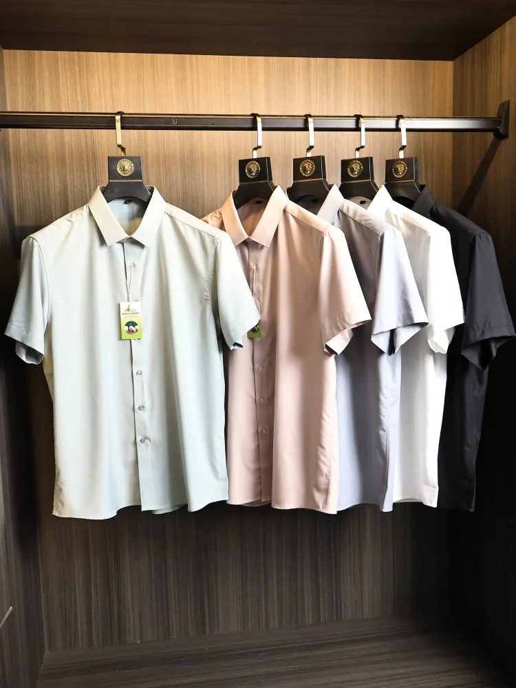Modal Silk Short Sleeve Shirt Anti-Wrinkle Iron-Free Breathable Luxury Business Casual Men's Fashion Summer Pure Color Collar